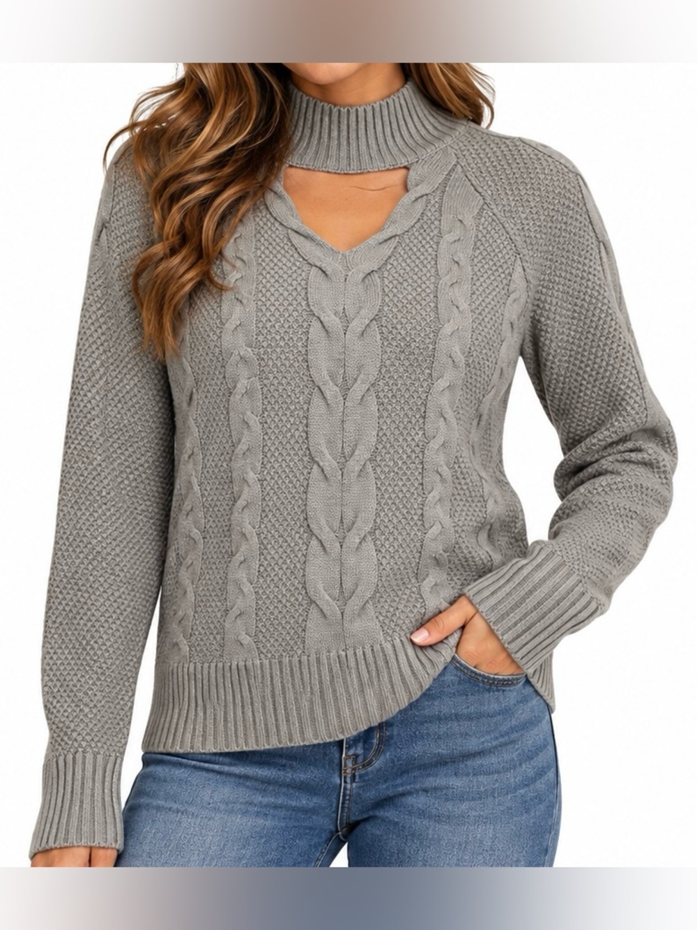 a.n.a A New Approach Gray Cable Knit Cutout Mock Neck Sweater Small Tall ST